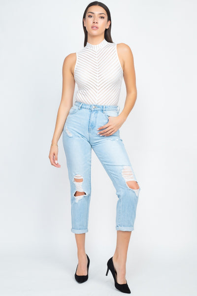 Stripe Mesh Mock Neck Bodysuit - Deals Kiosk