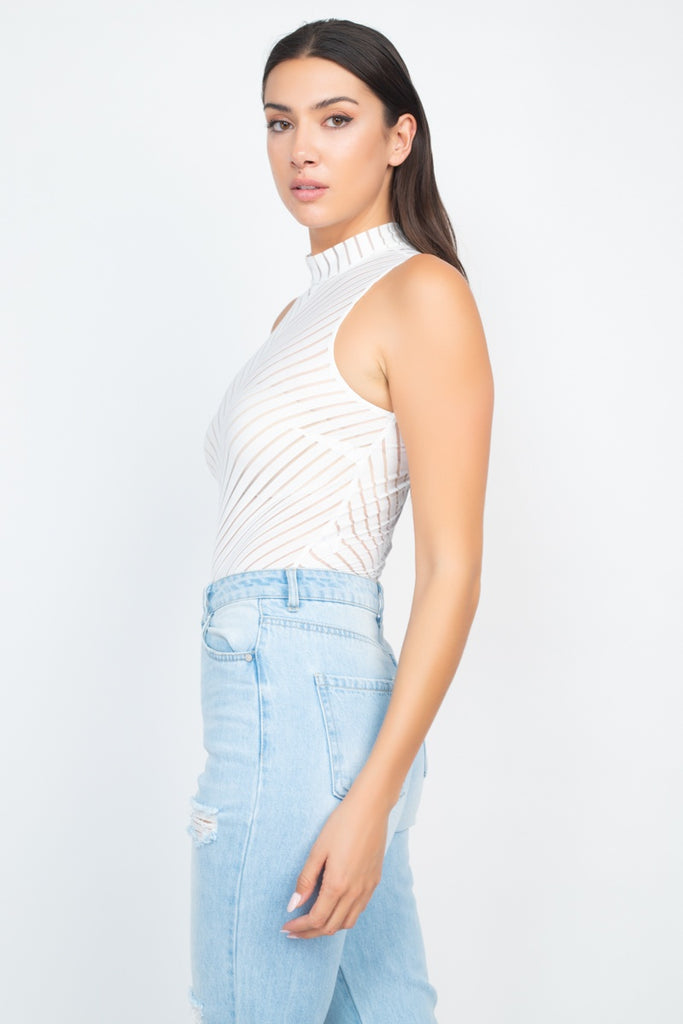 Stripe Mesh Mock Neck Bodysuit - Deals Kiosk