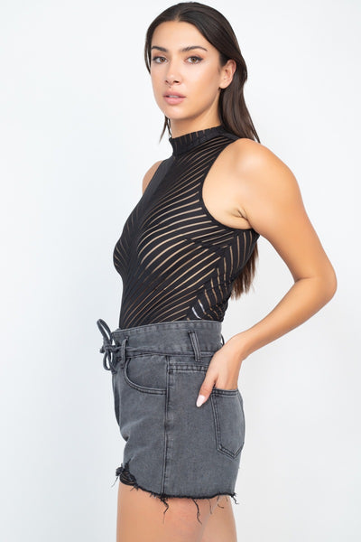 Stripe Mesh Mock Neck Bodysuit - Deals Kiosk