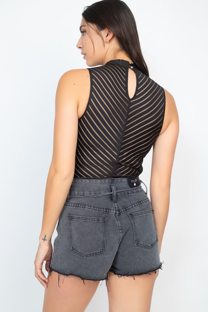 Stripe Mesh Mock Neck Bodysuit - Deals Kiosk