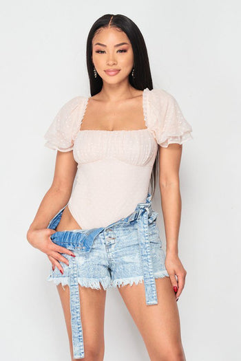 Luxe Polkadot Stretch Mesh Puff Sleeve Bodysuit - Deals Kiosk