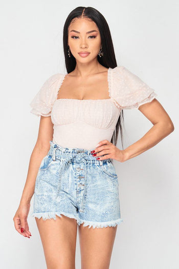 Luxe Polkadot Stretch Mesh Puff Sleeve Bodysuit - Deals Kiosk