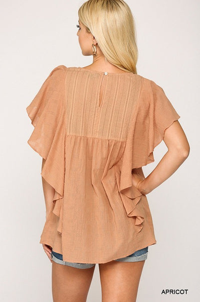 Textured Ruffle Sleeve Tunic Top With Back Keyhole - Deals Kiosk