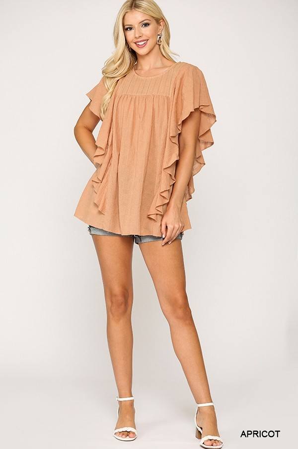 Textured Ruffle Sleeve Tunic Top With Back Keyhole - Deals Kiosk