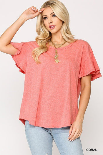 Solid Round Neck Frill Sleeve Top With Scoop Hem - Deals Kiosk