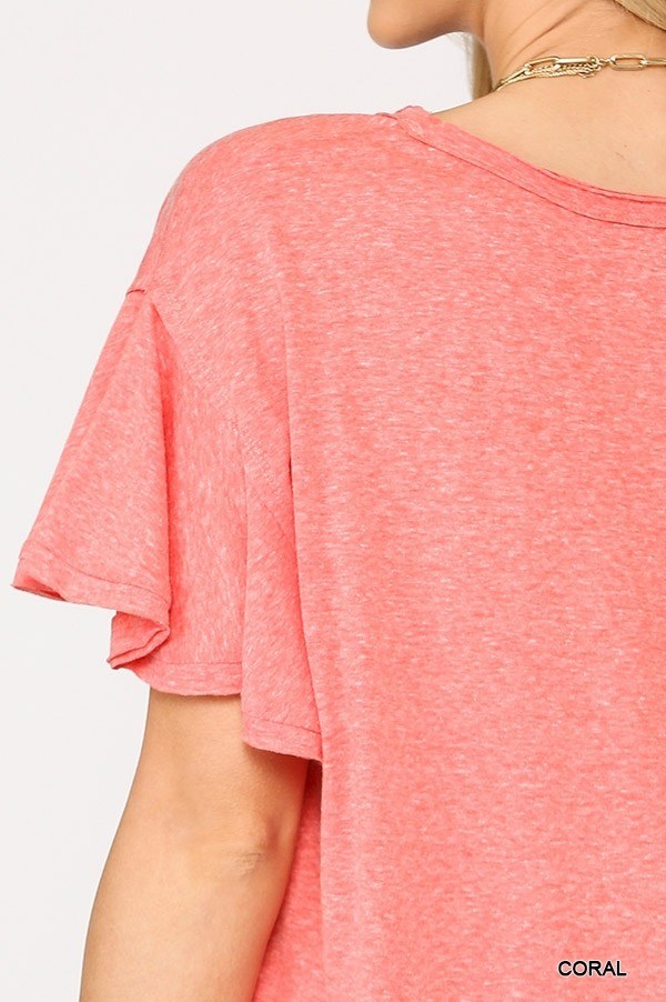 Solid Round Neck Frill Sleeve Top With Scoop Hem - Deals Kiosk