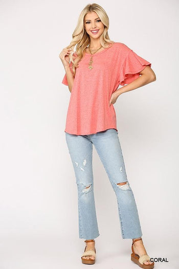 Solid Round Neck Frill Sleeve Top With Scoop Hem - Deals Kiosk