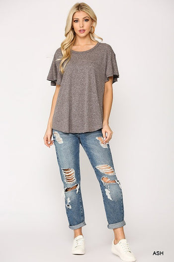 Solid Round Neck Frill Sleeve Top With Scoop Hem - Deals Kiosk