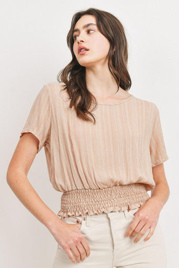 Woven Printed Crinkle Gauze Waist Smocking Short Sleeve Top - Deals Kiosk