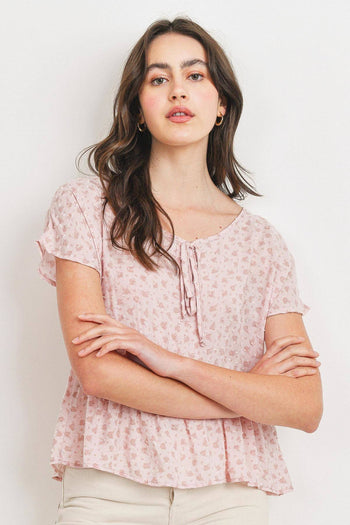Printed Woven Front Tied Neck Flounce Short Sleeve Top - Deals Kiosk