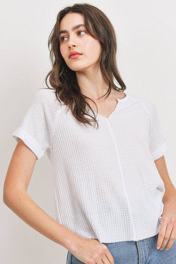 Waffle Raw Edge V-neck Rolled Up Short Sleeves Top - Deals Kiosk