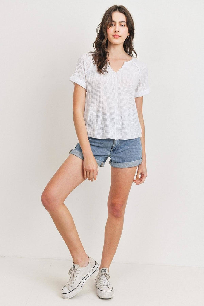 Waffle Raw Edge V-neck Rolled Up Short Sleeves Top - Deals Kiosk