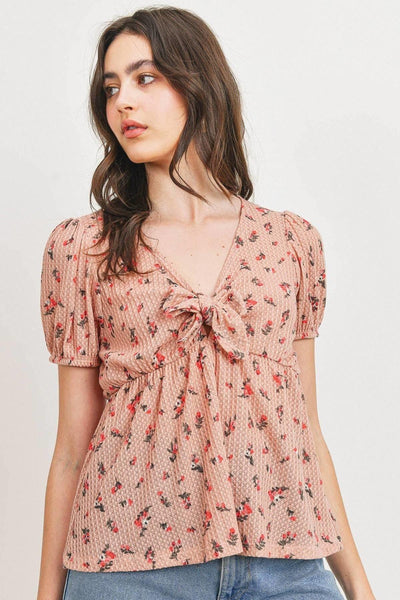 Front Tie Floral Waffle Top - Deals Kiosk