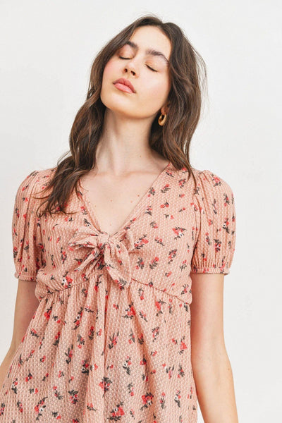 Front Tie Floral Waffle Top - Deals Kiosk