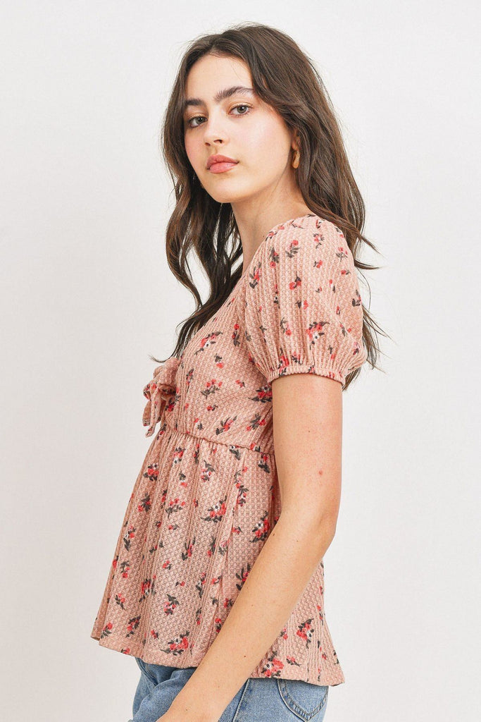 Front Tie Floral Waffle Top - Deals Kiosk