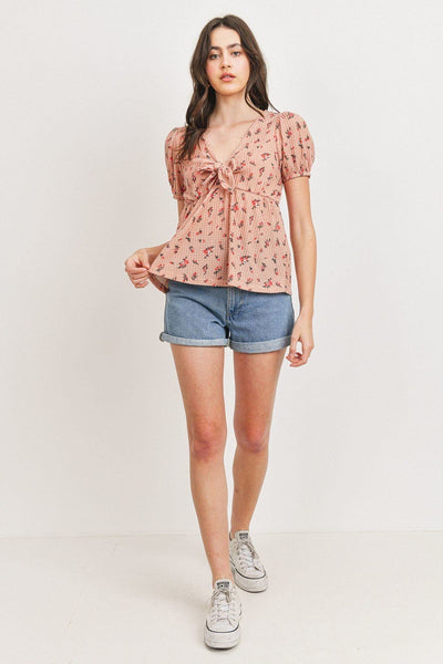 Front Tie Floral Waffle Top - Deals Kiosk