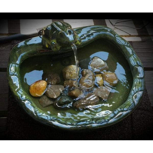 Green Glazed Ceramic Fountain Bird Bath with Frog and Solar Pump - Deals Kiosk