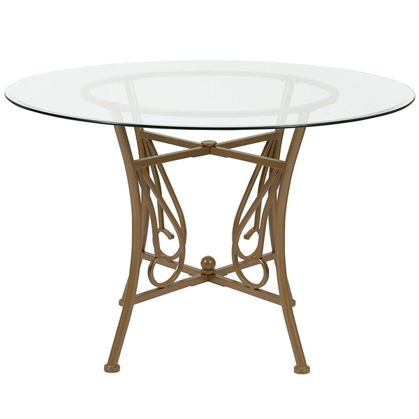 Contemporary 45-inch Round Glass Top Dining Table with Matte Gold Metal Frame - Deals Kiosk