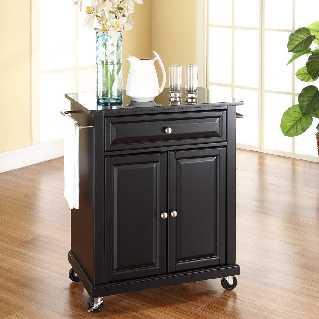 Black Mobile Kitchen Cart Island with Granite Top with Locking Casters - Deals Kiosk