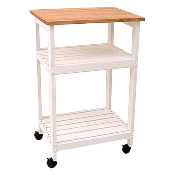White Kitchen Microwave Cart with Butcher Block Top & Locking Casters - Deals Kiosk