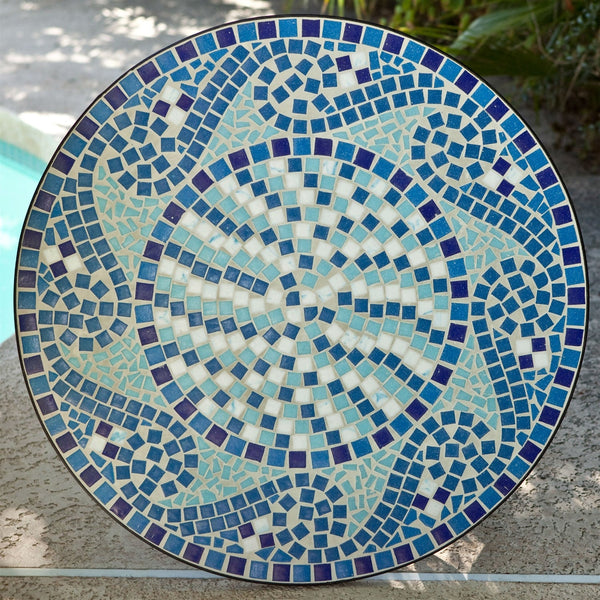 30-inch Round Metal Outdoor Bistro Patio Table with Hand-Laid Blue Tiles - Deals Kiosk