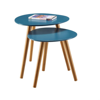 Set of 2 - Mid Century Modern Nesting End Tables in Blue with Solid Wood Legs - Deals Kiosk