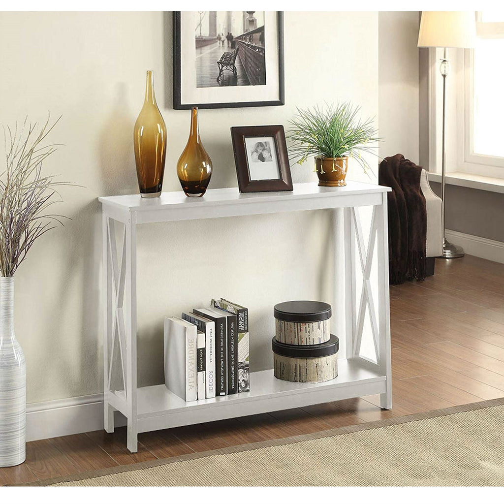 White Wood Console Sofa Table with Bottom Storage Shelf - Deals Kiosk