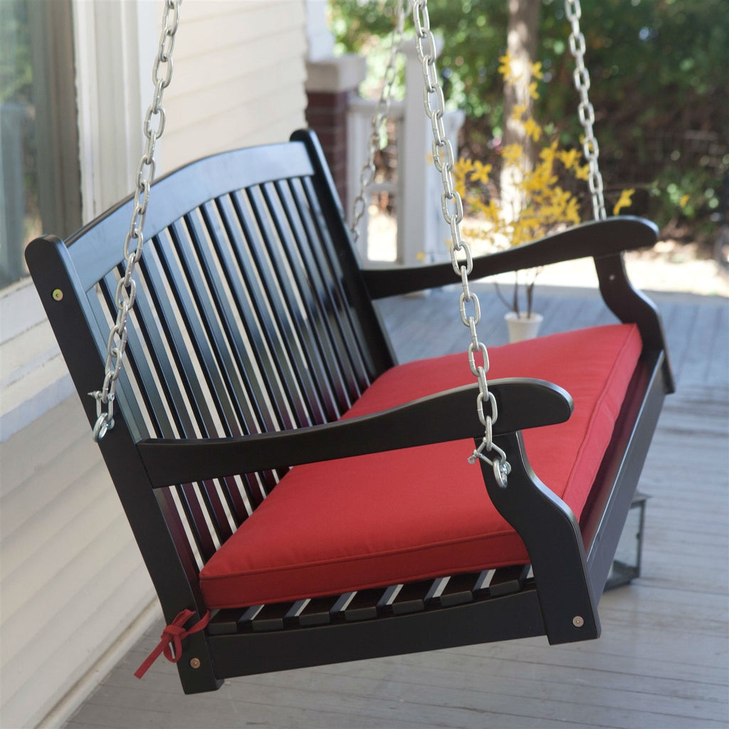 Black Wood 4-Ft Porch Swing with Sienna Red Cushion and Hardware