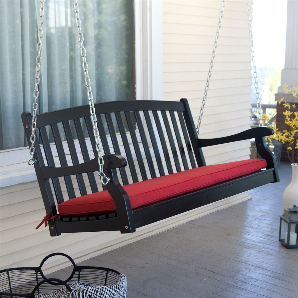Black Wood 4-Ft Porch Swing with Sienna Red Cushion and Hardware - Deals Kiosk