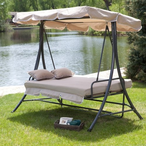 3-Person Canopy Swing Outdoor Porch Patio Furniture in Taupe - Deals Kiosk