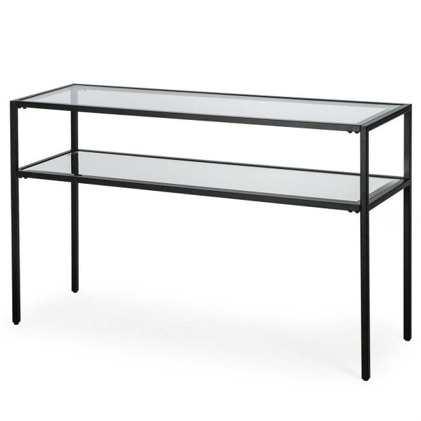 Black Steel Frame Console Table with Tempered Glass Top and Mirror Shelf