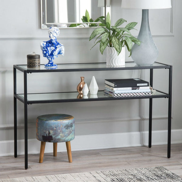 Black Steel Frame Console Table with Tempered Glass Top and Mirror Shelf - Deals Kiosk