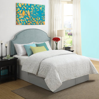 Full / Queen size Nailhead Upholstered Headboard in Soft Turquoise Linen Fabric - Deals Kiosk