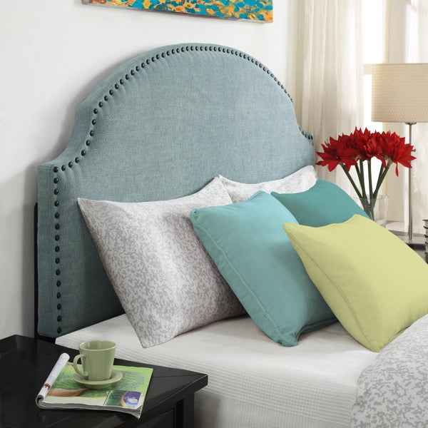 Full / Queen size Nailhead Upholstered Headboard in Soft Turquoise Linen Fabric - Deals Kiosk