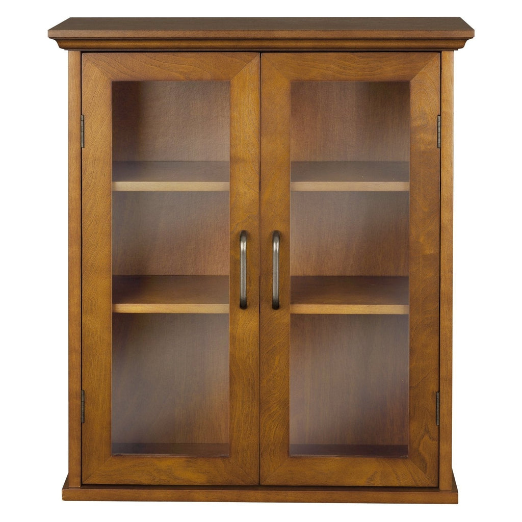 Oak Finish Bathroom Wall Cabinet with Glass  2-Doors & Shelves