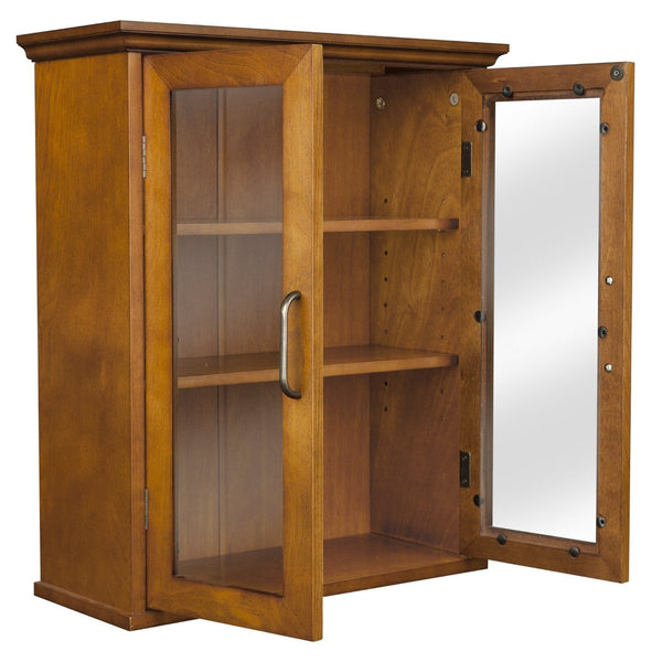 Oak Finish Bathroom Wall Cabinet with Glass  2-Doors & Shelves - Deals Kiosk