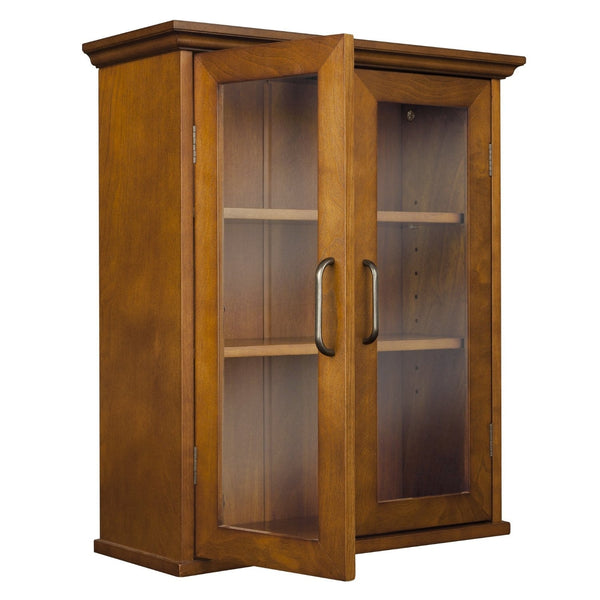 Oak Finish Bathroom Wall Cabinet with Glass  2-Doors & Shelves - Deals Kiosk