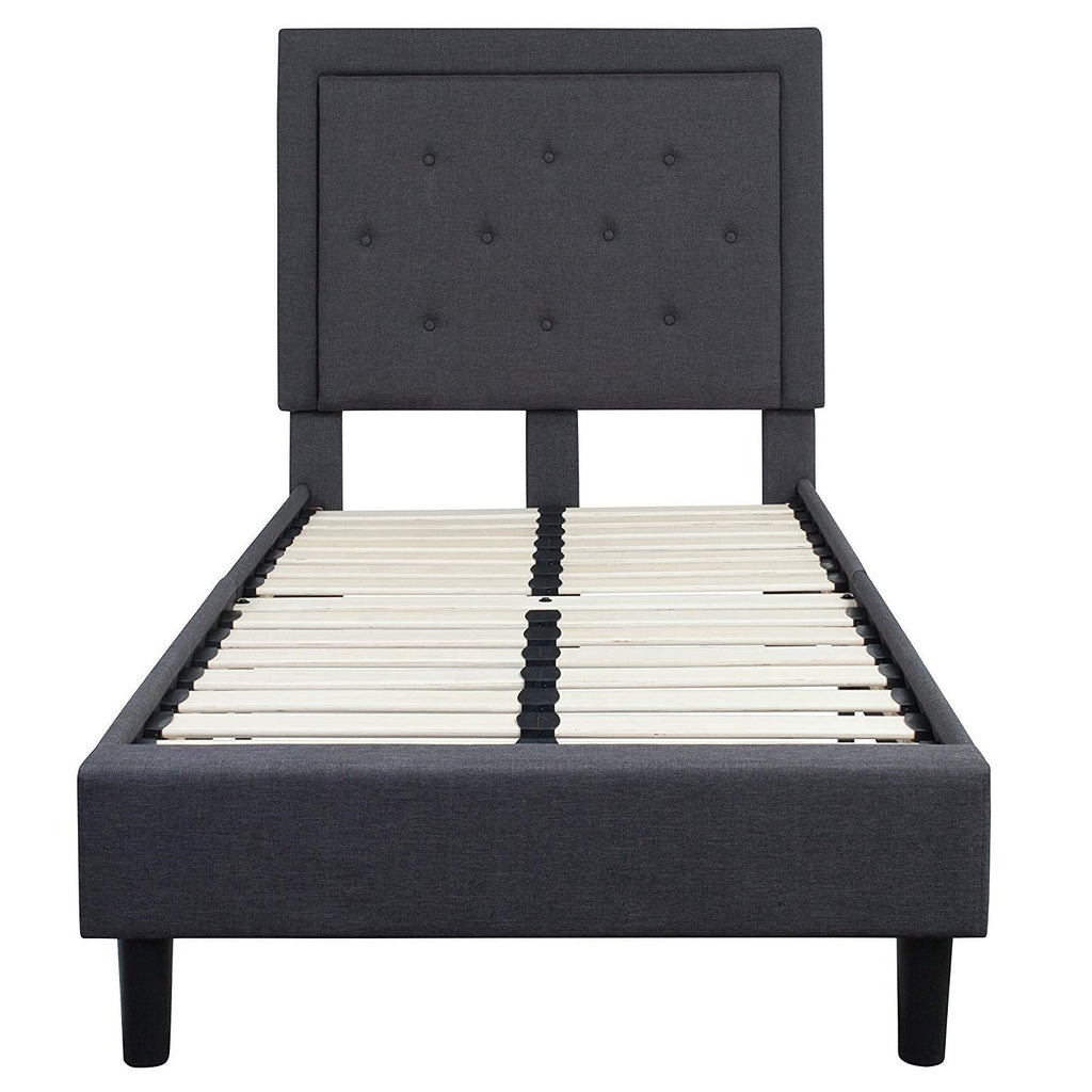 Twin Dark Gray Fabric Upholstered Platform Bed with Button Tufted Headboard - Deals Kiosk