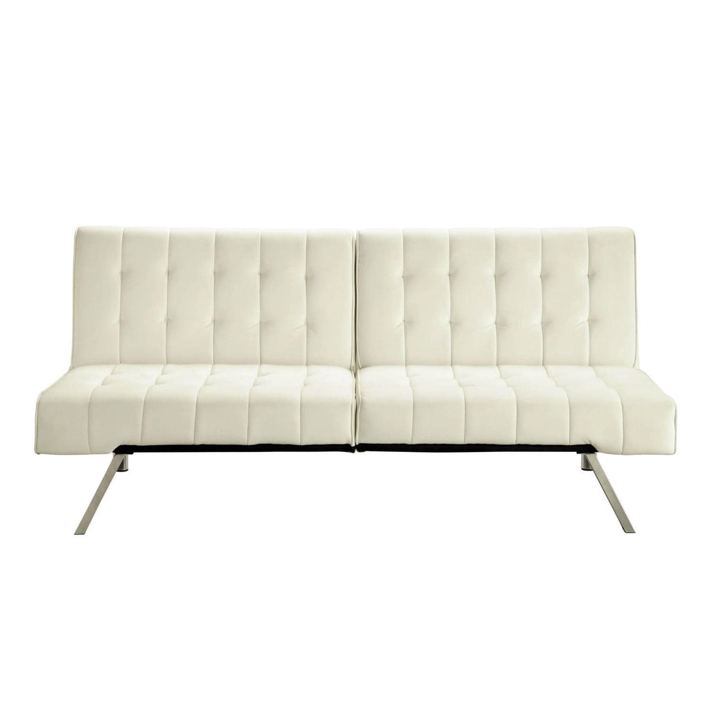Split-back Modern Futon Style Sleeper Sofa Bed in Vanilla Faux Leather - Deals Kiosk