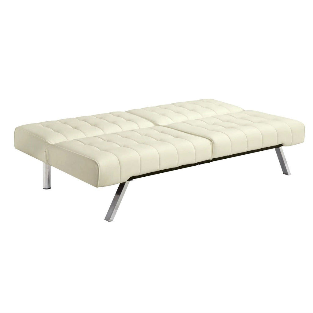 Split-back Modern Futon Style Sleeper Sofa Bed in Vanilla Faux Leather - Deals Kiosk