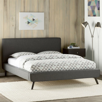 Full size Mid Century Platform Bed with Gray Upholstered Headboard - Deals Kiosk