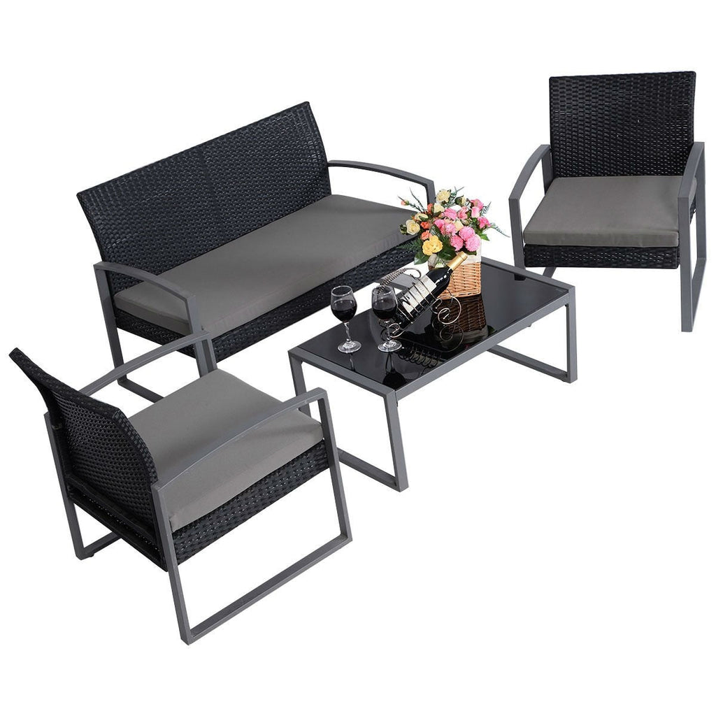 4 Piece Black / Gray Complete Patio Rattan Set with Matching Table - Deals Kiosk