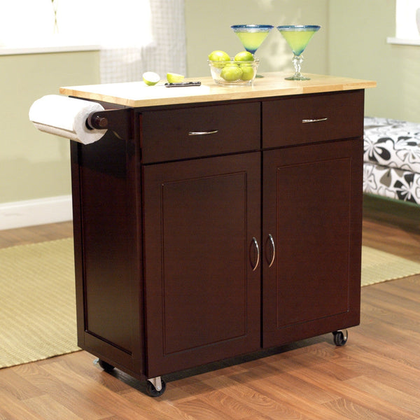 43-inch W Portable Kitchen Island Cart with Natural Wood Top in Espresso - Deals Kiosk