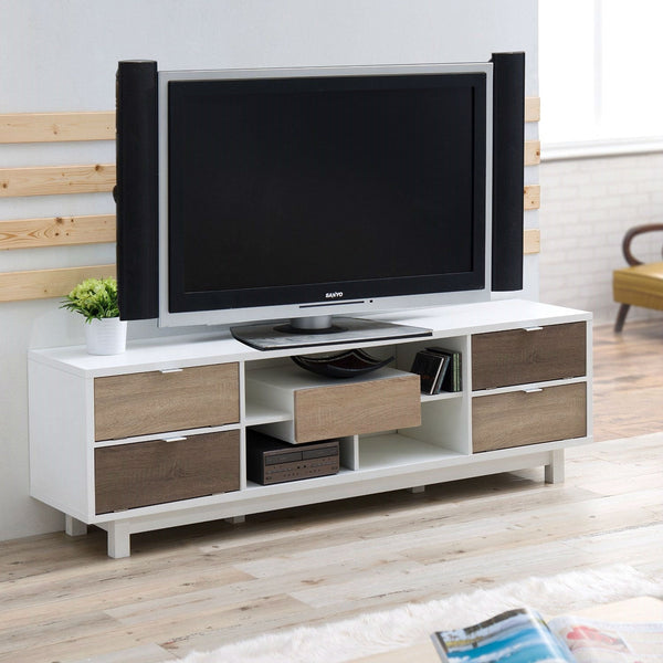 Modern 70-inch White TV Stand Entertainment Center with Natural Wood Accents - Deals Kiosk