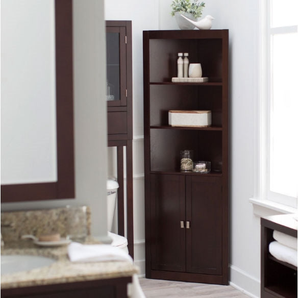 Espresso Corner Bathroom Linen Cabinet with Shelves - Deals Kiosk