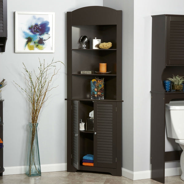 Espresso Bathroom Linen Tower Corner Towel Storage Cabinet with 3 Open Shelves