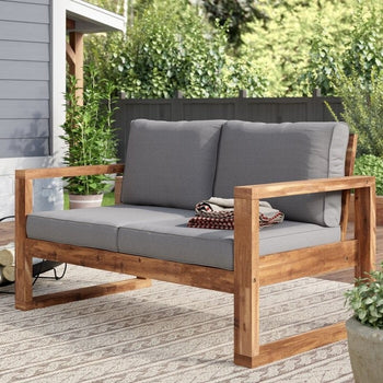 FarmHouse Modern Outdoor Acacia Loveseat with Grey Cushion - Deals Kiosk