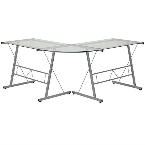 Modern Silver Metal L-Shaped Desk with Glass Top and Floor Glides - Deals Kiosk