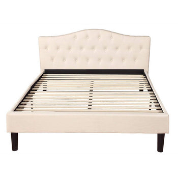Full size Modern Classic Upholstered Platform Bed with Ivory Linen Padded Headboard - Deals Kiosk