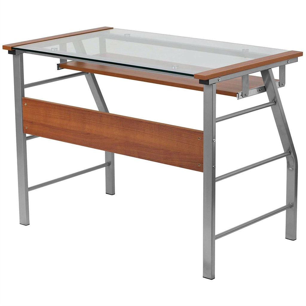 Contemporary Tempered Glass Top Computer Desk with Cherry Keyboard Tray - Deals Kiosk